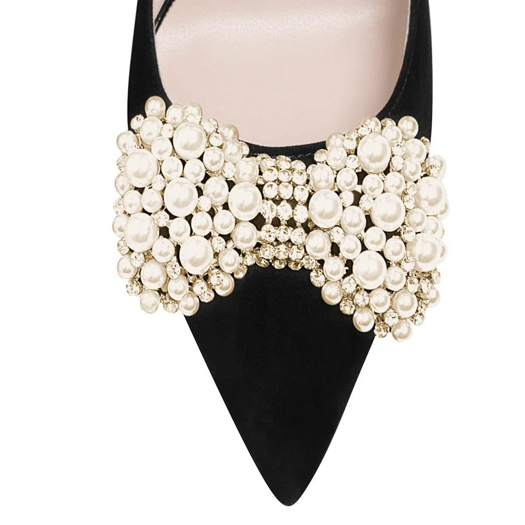 Black Delicate Pearl and Rhinestone Bow Pointed Toe High Heel Shoes