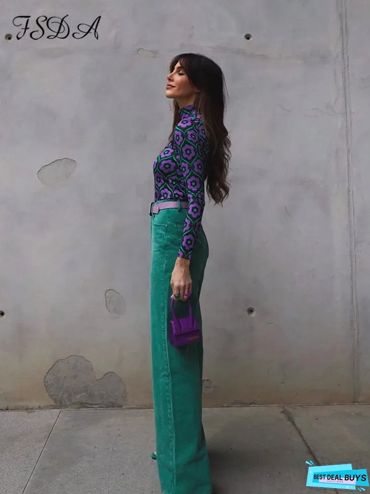 Long Sleeve Crop Top Women Floral Print Vintage Autumn Summer Casual 90s T Shirts Sexy Fashion Y2K Turtleneck