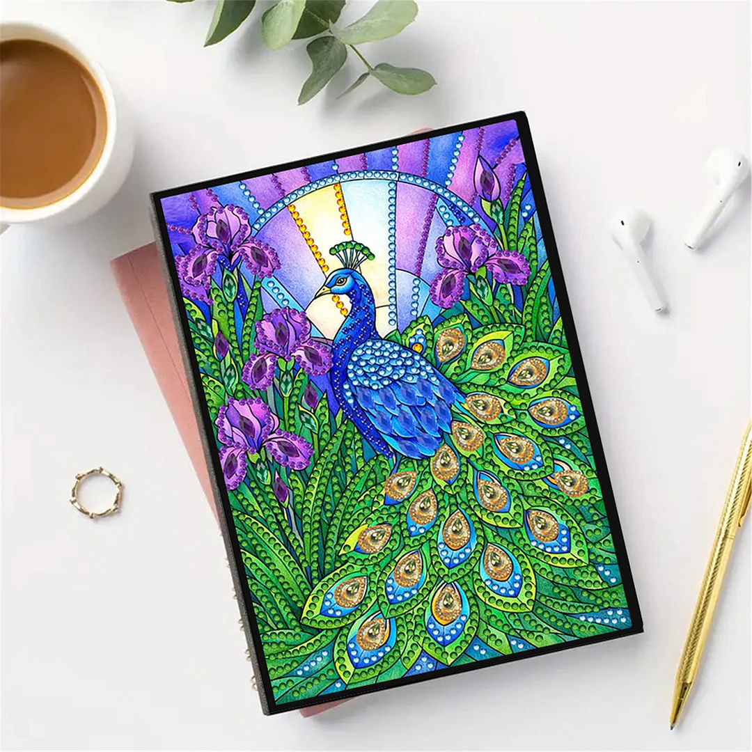 DIY Flower Diamond Painting Journals Notebooks 50 Pages A5 No Lines Special Shaped Diamond Art Kits for Beginners Craft Lovers and Artists (Peacock)
