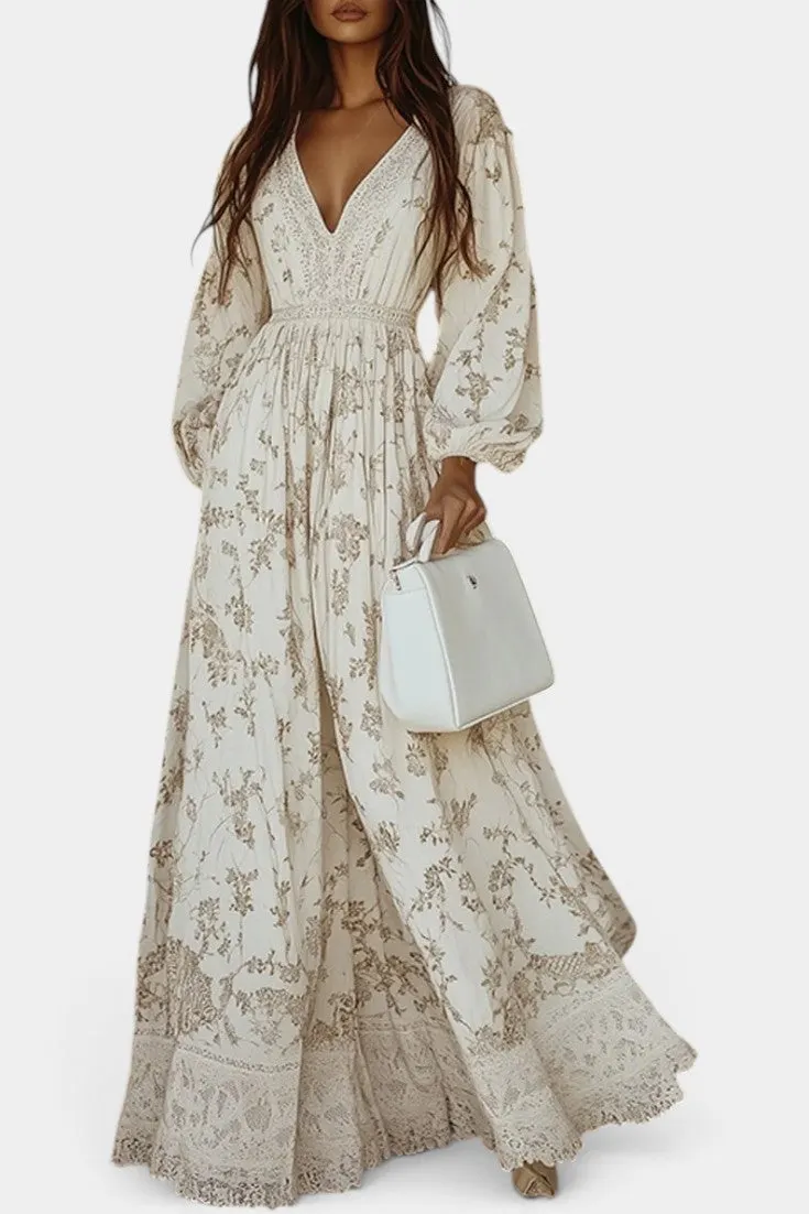 V-Neck Floral Maxi Dress with Puff Sleeves