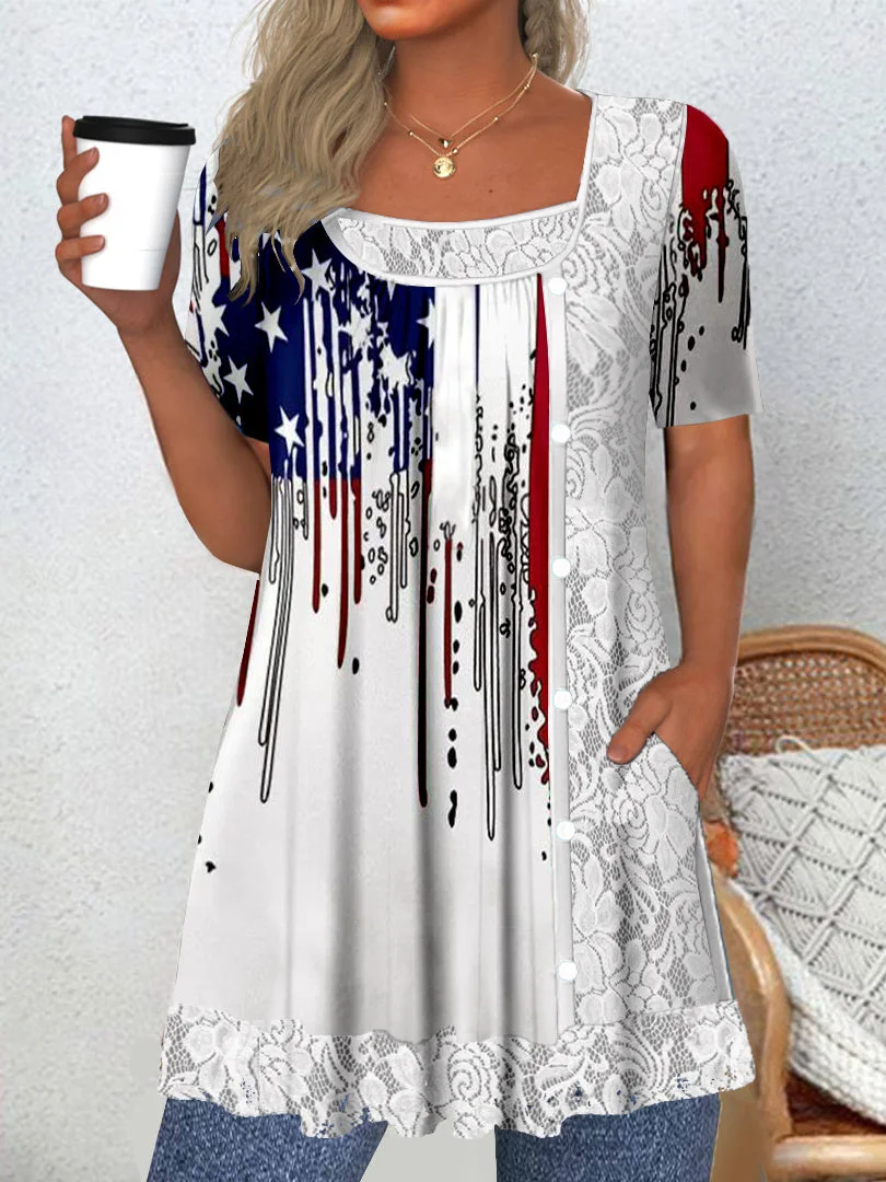 Women's Short Sleeve Scoop Neck Graphic Lace Star Printed Tops