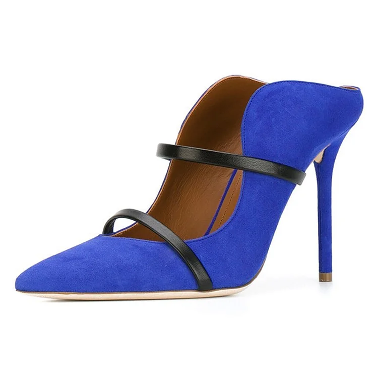 Royal Blue Vegan Suede Pointed Toe Black Strappy Mule Heels |FSJ Shoes