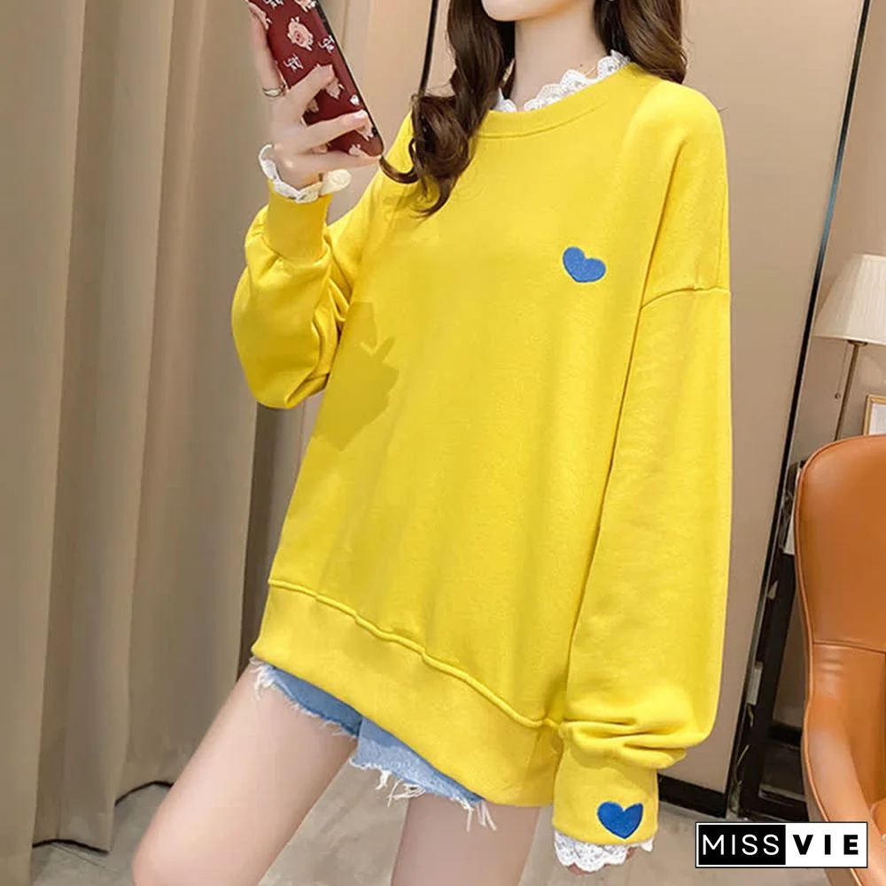 Pure Color Round Collor Love Heart Sweatshirt