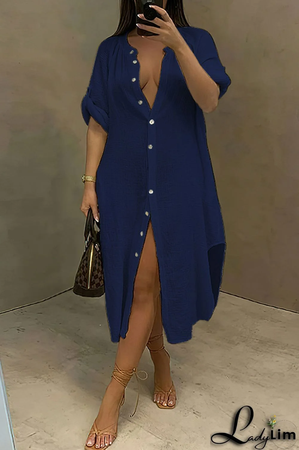 Tibetan Blue Fashion Casual Solid Patchwork Turndown Collar Shirt Dress