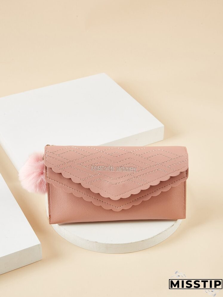Letter Embroidered Scallop Trim Pom Pom Decor Long Wallet