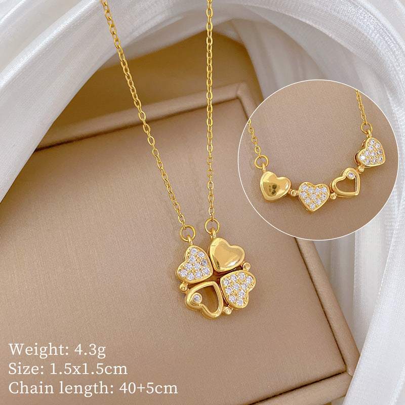 Women’S Necklace Two-Piece Heart-To-Heart Opening And Closing Four-Leaf Flower Full Diamond All-Match Clavicle Chain Titanium Steel