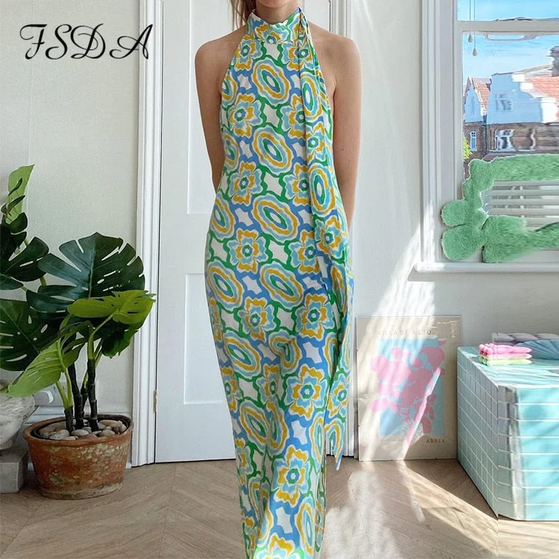 FSDA Print 2021 Summer Backless Dress Women Green Beach Sleeveless Sexy Off Shoulder Vintage Split Halter Neck Maxi Dresses