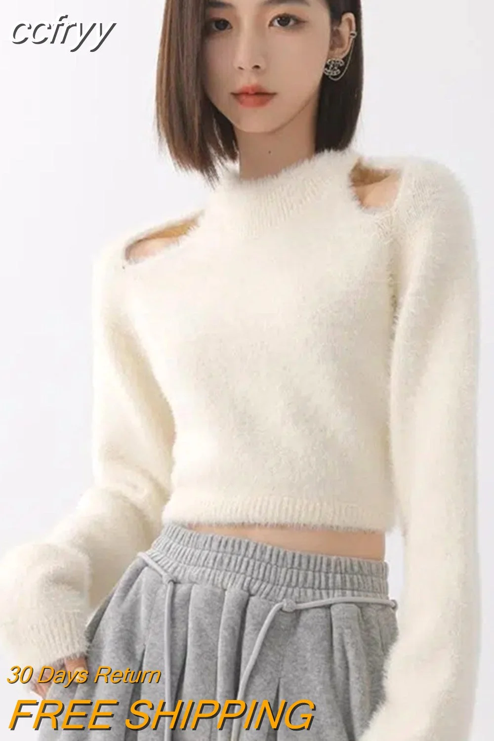 Huibahe 2023 Winter Korean Style Slim Long Sleeve Mohair Sweater Women Sexy Backless Bandage Ladies Crop Top Fall Female Pullover