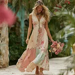 Women's Rose Floral Patchwork Casual Resort Linen Blend Sleeveless Dress - Image 2