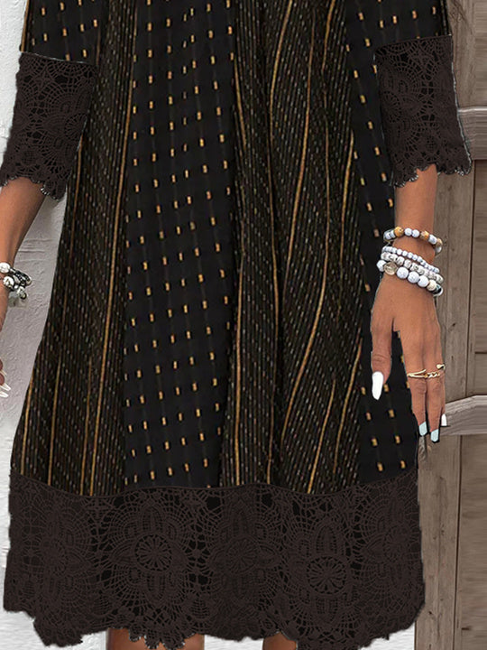 Women's 3/4 Sleeve V-neck Graphic Lace Midi Dress