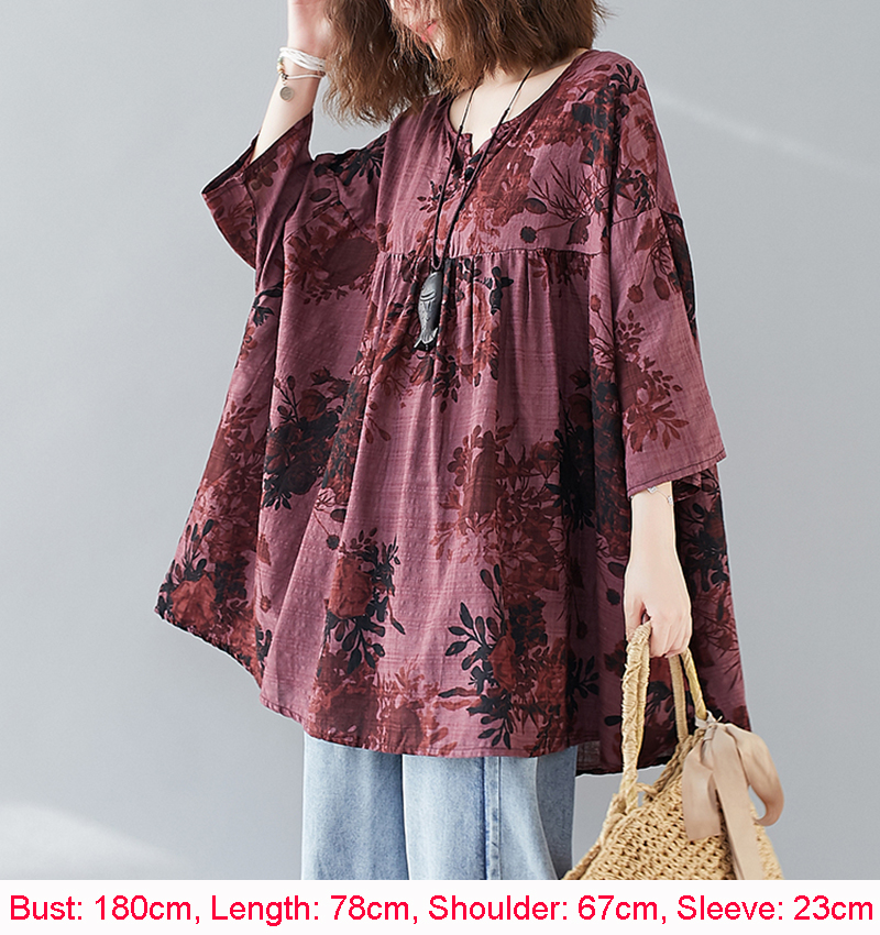 Oversized Casual Loose Fashion Print Cotton Linen T-shirt