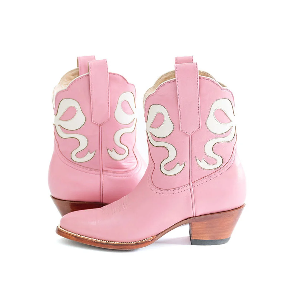 Pink Chunky Heel Booties White Bow Inlay Cowgirl Boots for Women