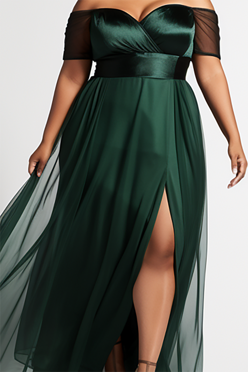 Design Plus Size Semi Formal Elegant Green Off The Shoulder Split Tulle Maxi Dresses [Pre-Order]