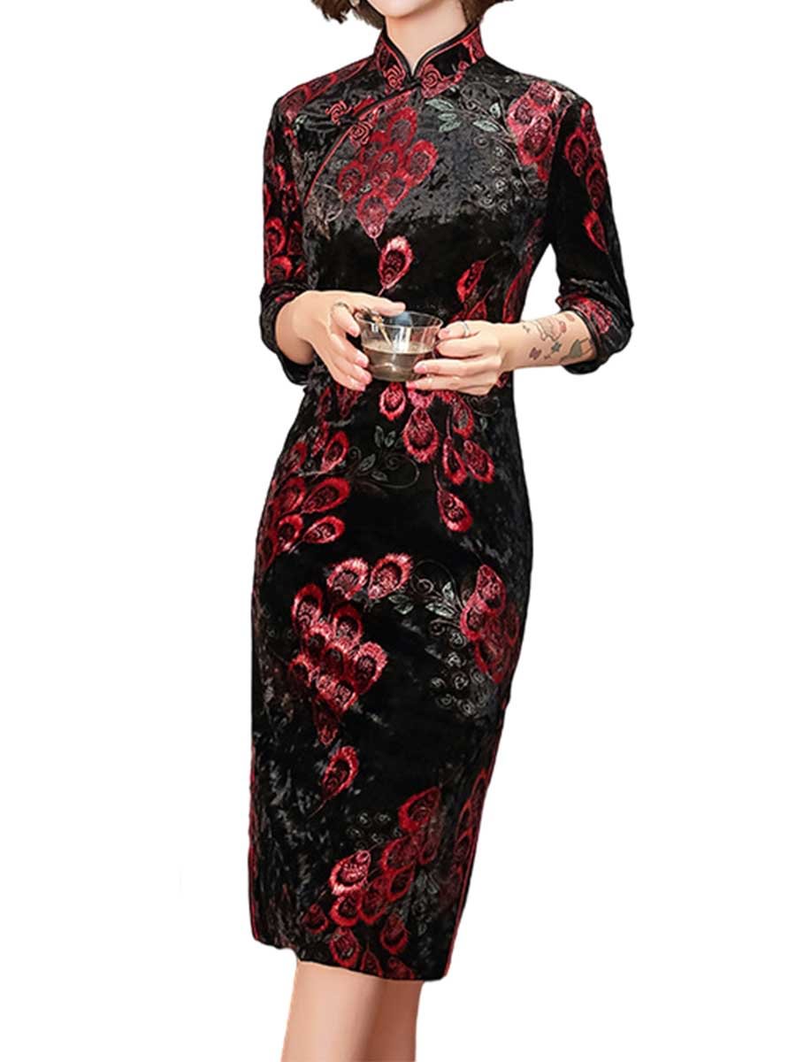 Stand-collar Velvet Cheongsam Traditional Chinese Dress Self-cultivation Costume