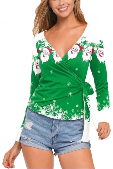 Long Sleeve Santa Snowflake Blouse Light Green-elleschic