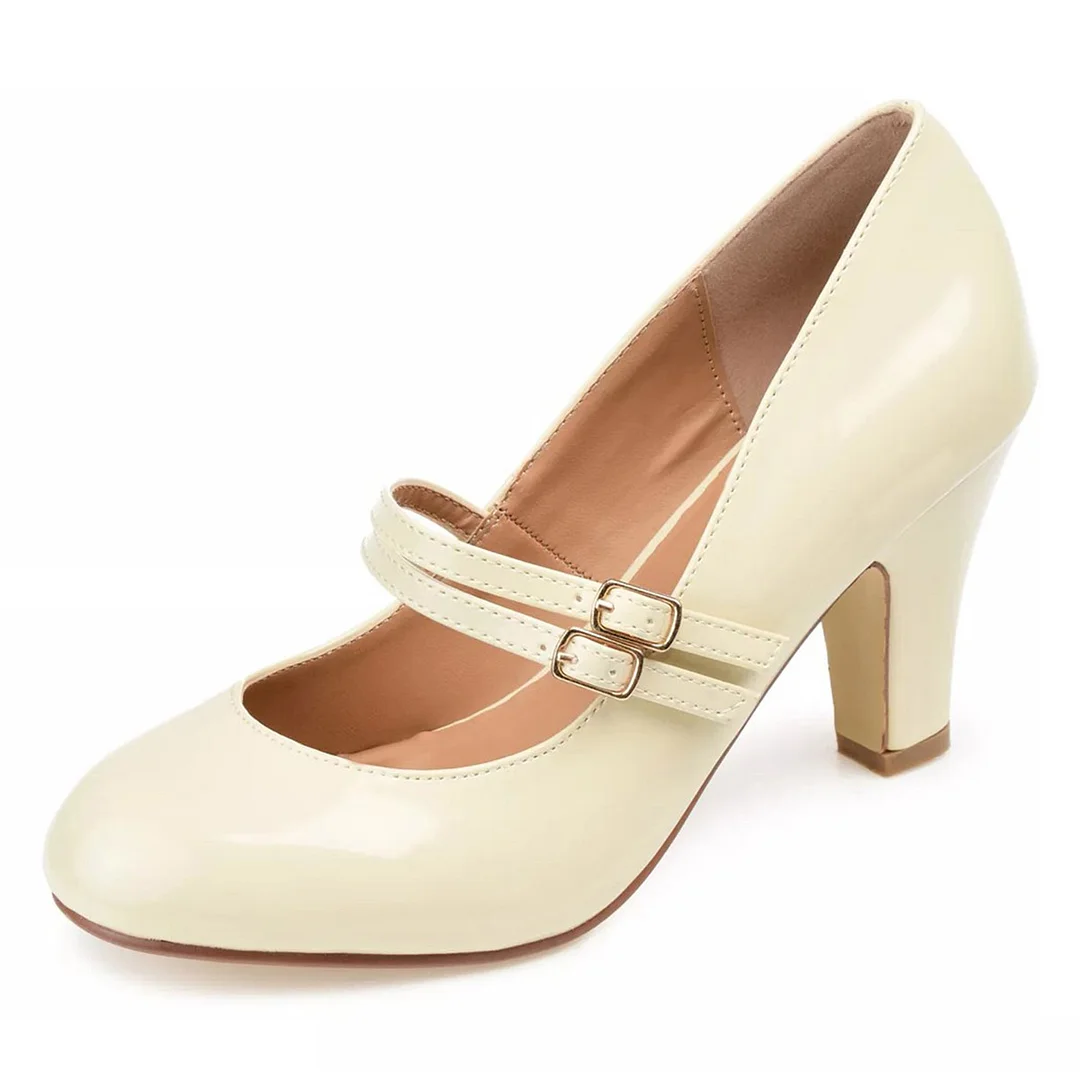 Beige Chunky Heel Round Toe Mary Jane Shoes with Double Buckle Strap