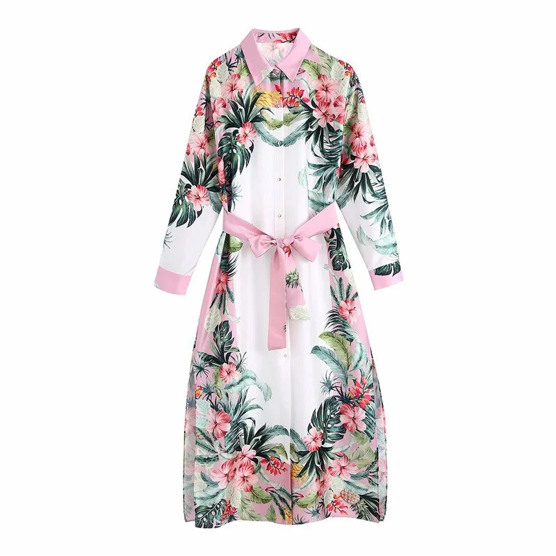 TRAF Women Chic Fashion With Belt Tropical Print Midi Shirt Dress Vintage Long Sleeve Side Slit Female Dresses Mujer