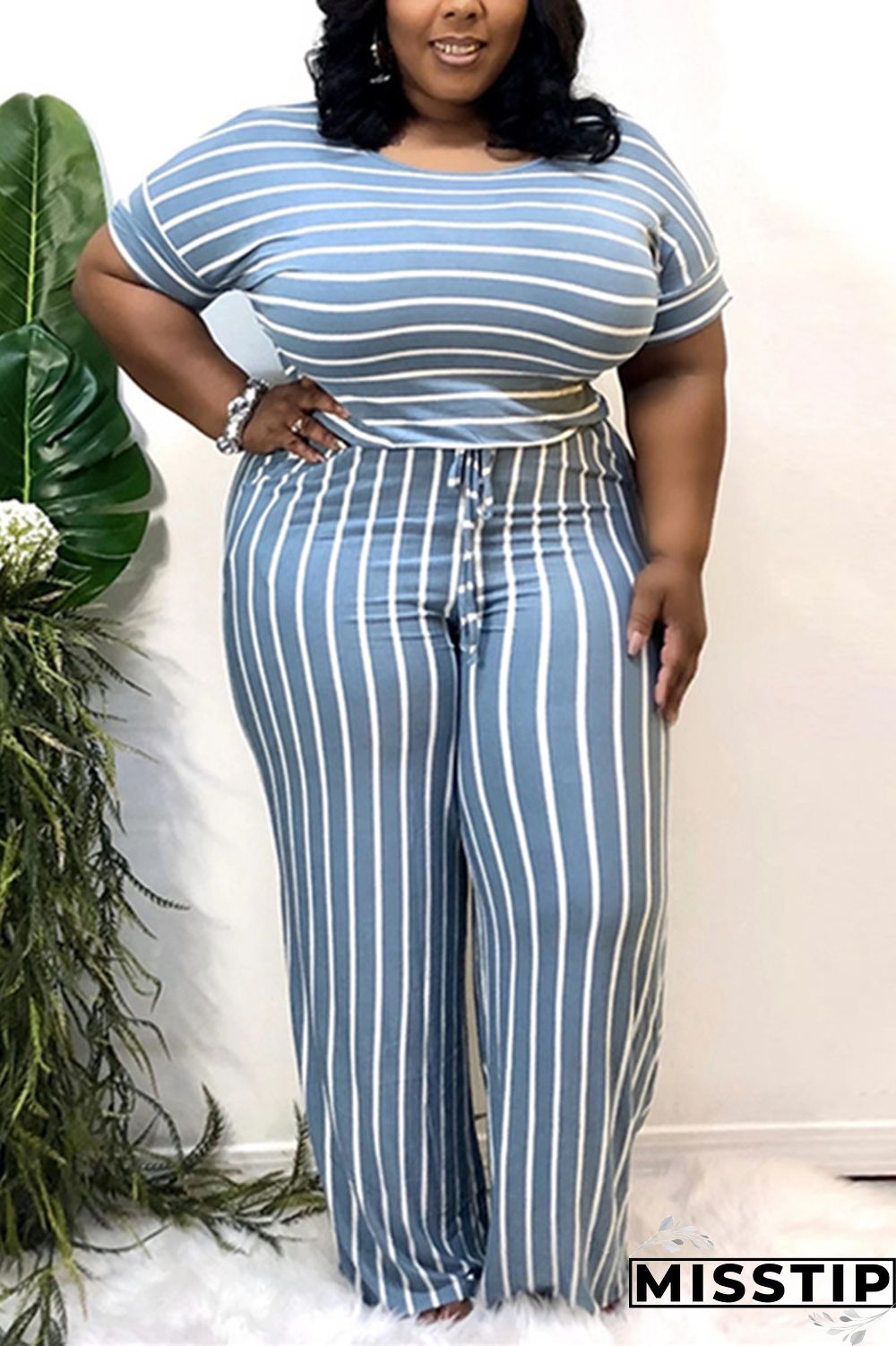 Light Blue Sexy O Neck Striped Print Stripe Plus Size