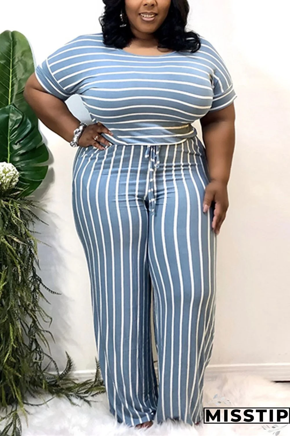 Light Blue Sexy O Neck Striped Print Stripe Plus Size