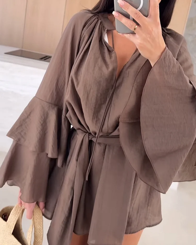 Women's solid color lace shirt dress