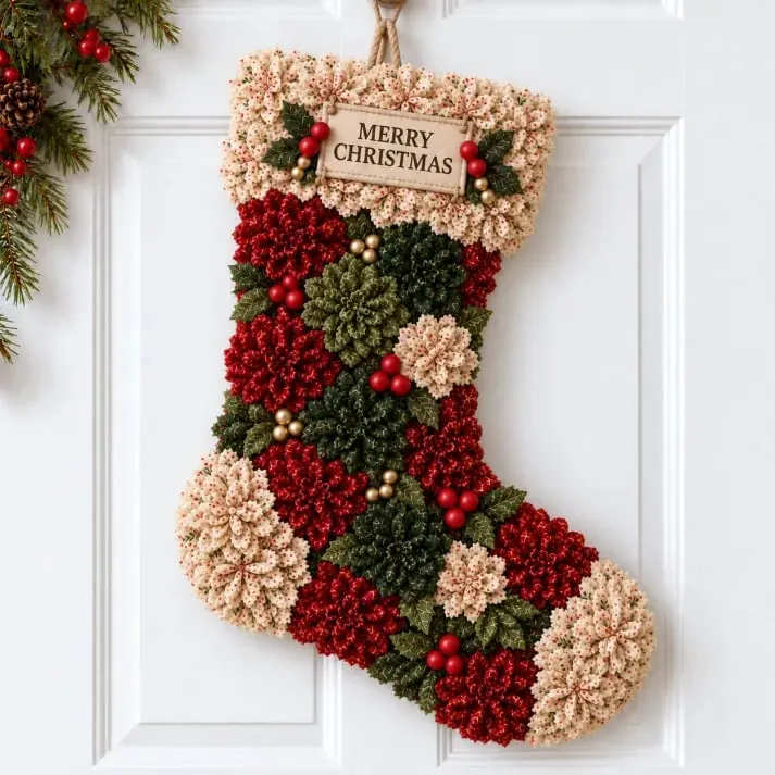 Cozy Christmas Stocking fabric flower door hanging design
