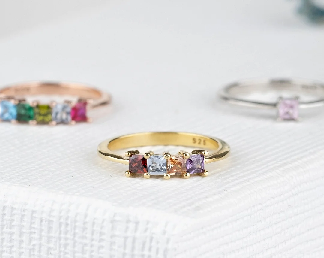 Birthstone Ring, Square Stone Ring, Mother Grandma Family Ring Gifts
