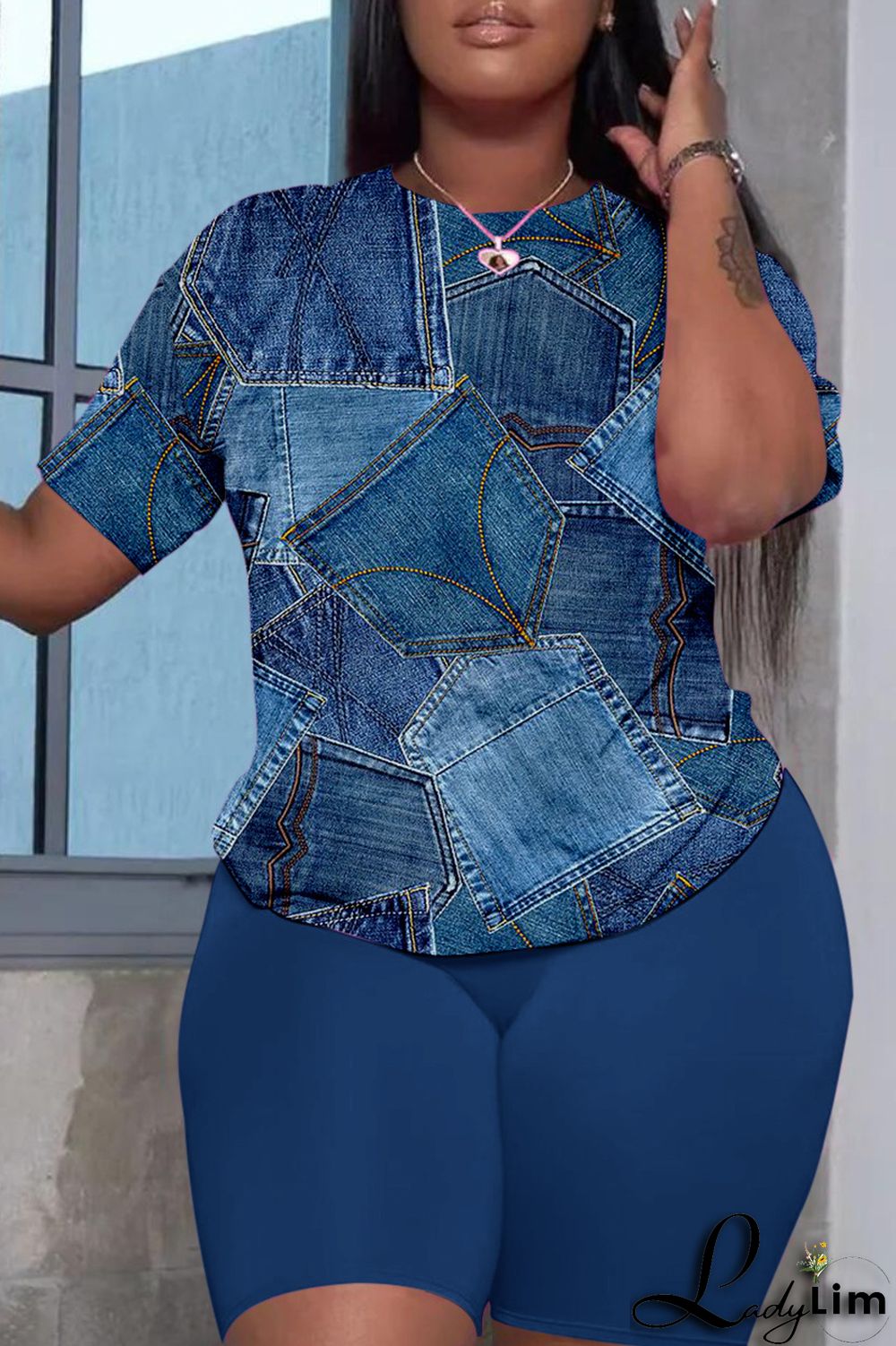 Cyan Casual Print Basic O Neck Short Sleeve Two Pieces