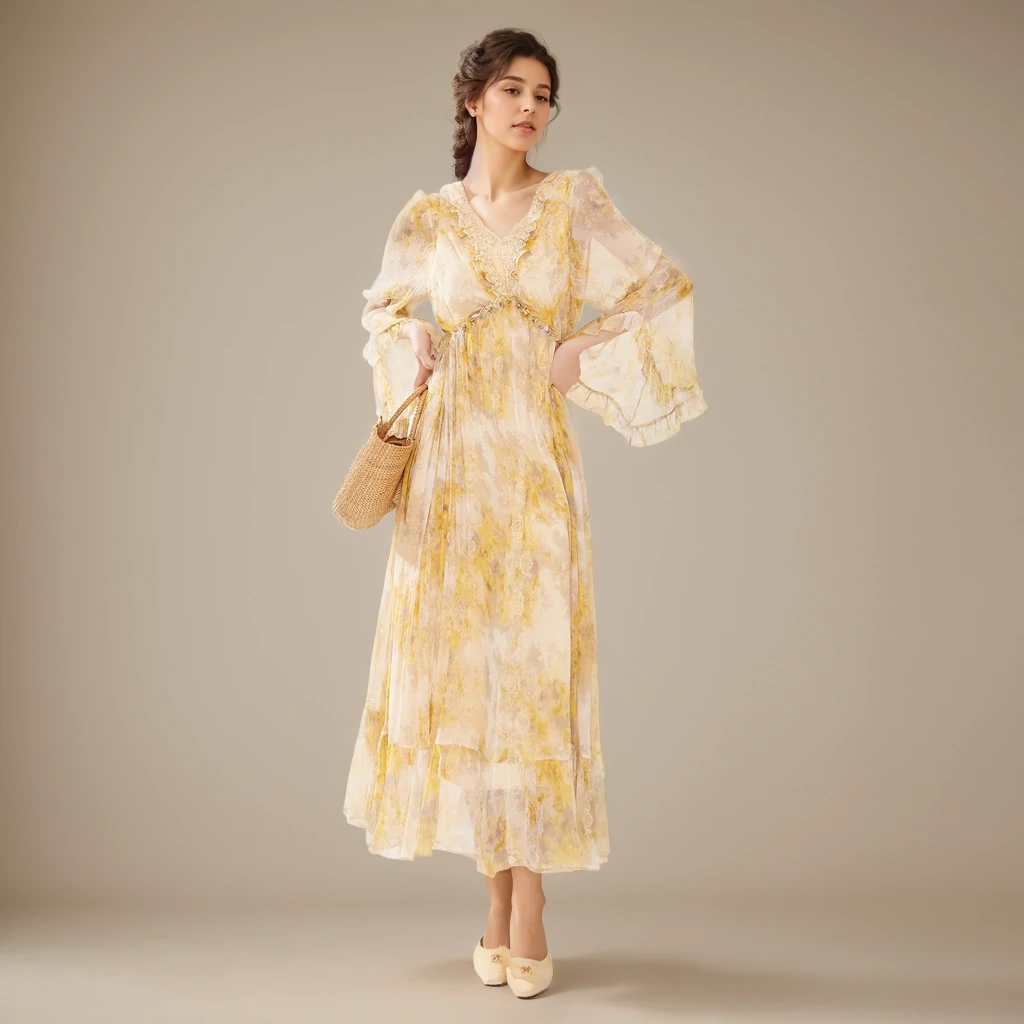 Robe longue en soie florale jaune à col en V- SOIE PLUS