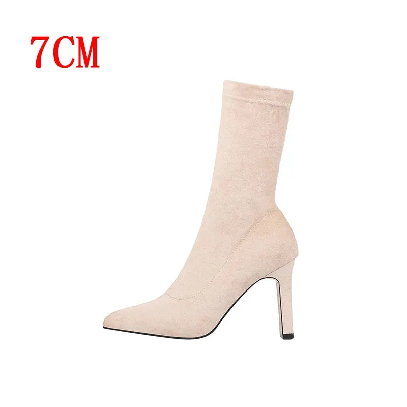 Plus Size High Heel Boots Sock Women 2021 Flock Shoes Sexy Party Thick Heel Ankle Booties Female Winter Pointed Toe Boots Shoes