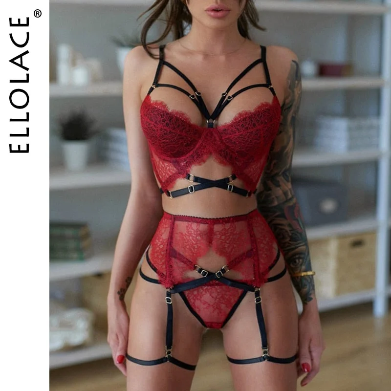 Ellolace Goth Lingerie Set Bandage Women's Underwear Sexy Bra Brief 3 Piece Wireless Brassiere Red Lace Garters Exotic Sets