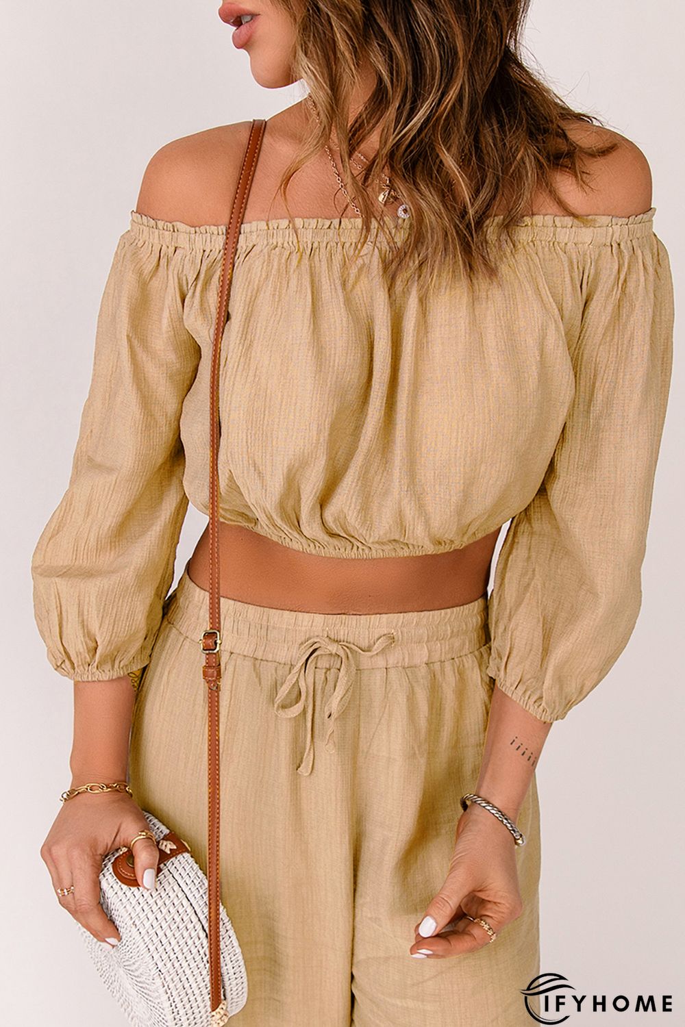 Khaki Off-the-shoulder Puff Sleeves Crop Top | IFYHOME