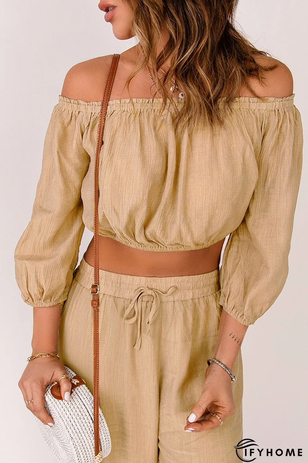 Khaki Off-the-shoulder Puff Sleeves Crop Top | IFYHOME