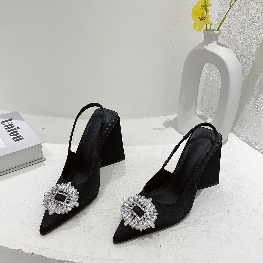 Shoes on High Heels Crystal Block Heel High Heel Sandals Heel Shoes Pointed Toe Rhinestone Triangle Heels Party Wedding Shoes