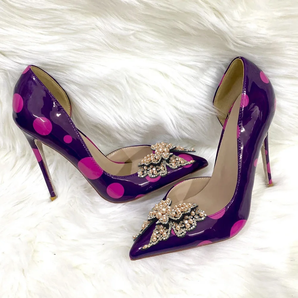 Purple Polka Dot Opening Side Pumps Pointed Toe Crystal Decor Stiletto Heels Nicepairs