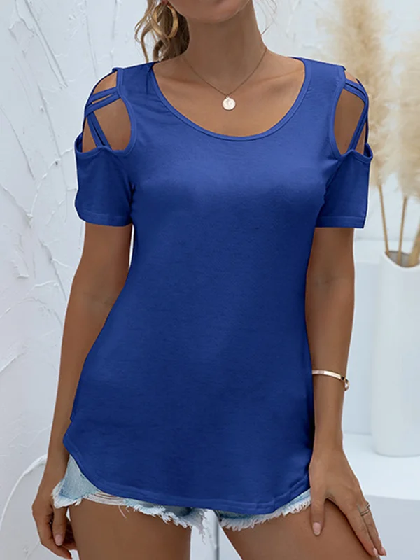 Hollow Solid Color Loose Short Sleeves Round-Neck T-Shirts Tops