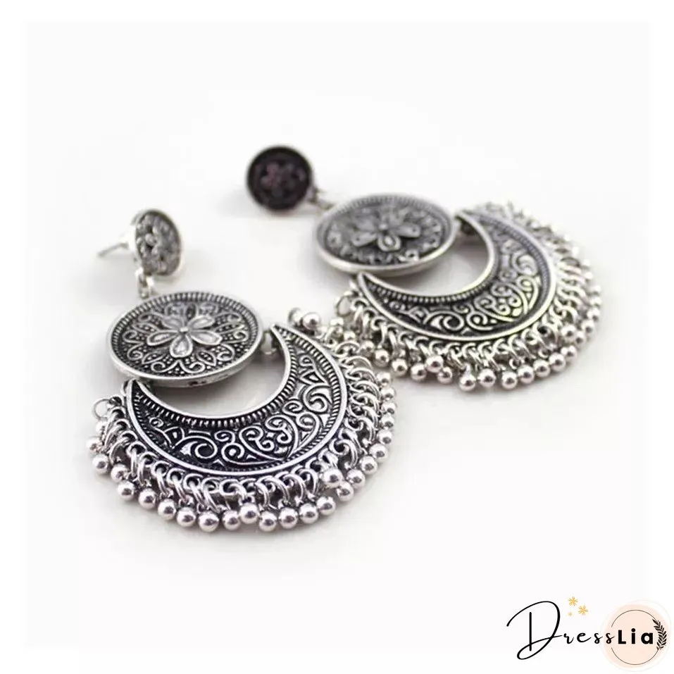3 Colors Bohemian Indian Antique Moon Shape Carved Flower Tassels Earrings