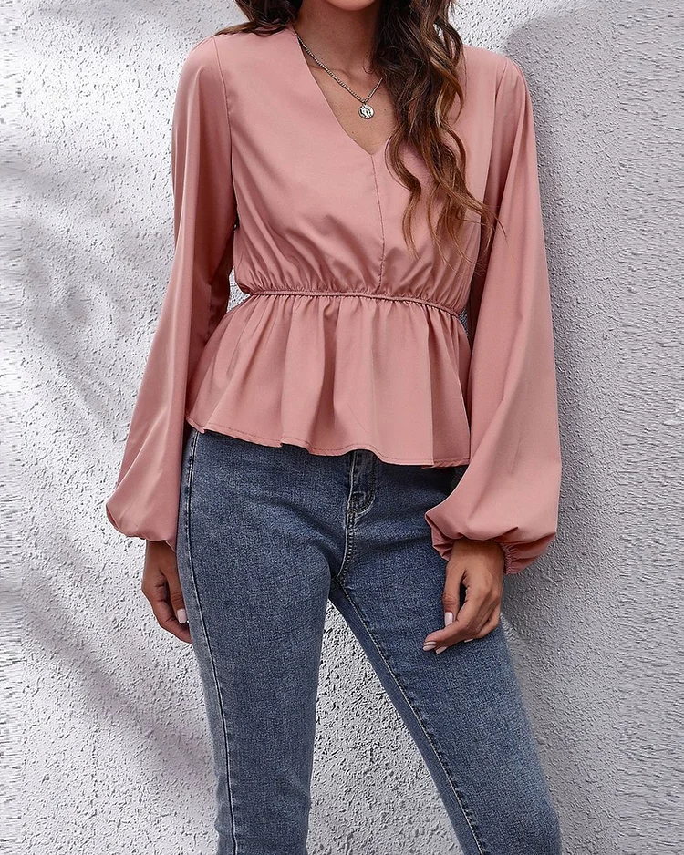 Solid Color V-neck Lantern Sleeve Waist Long-sleeved Top