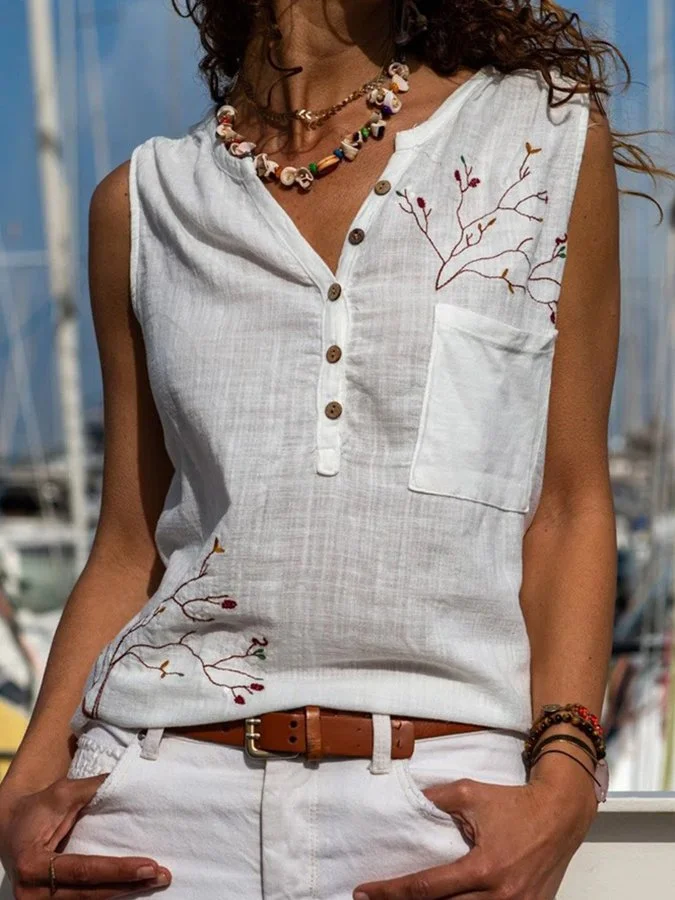 Cotton Linen Sleeveless Embroidered Vest