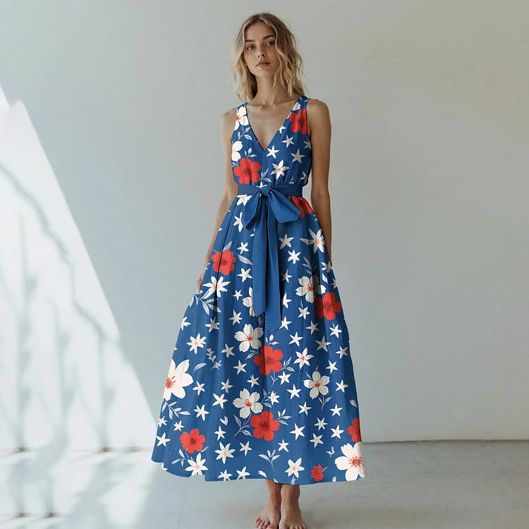 Simpfit Vintage Floral Independence Day inspiriertes Maxikleid aus Nachahmung aus Baumwolle und Leinen mit Bindeband
