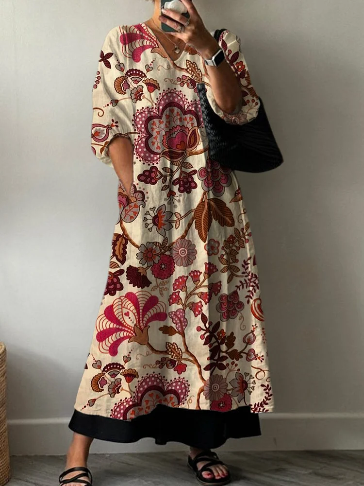 Women's Vintage Ethnic Florals Print Pocket V-neck Cotton Dress