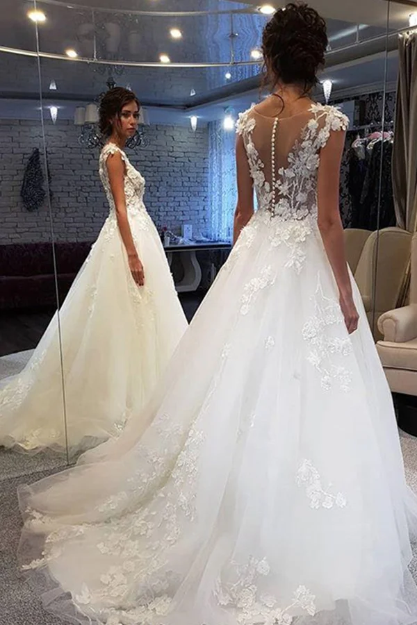 Daisda Graceful White Lace  Long Wedding Dresses With Appiliques