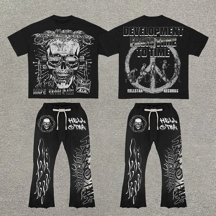 Vintage Hellstar Skull Print Short Sleeve Tee & Flared Trousers Two Piece Set