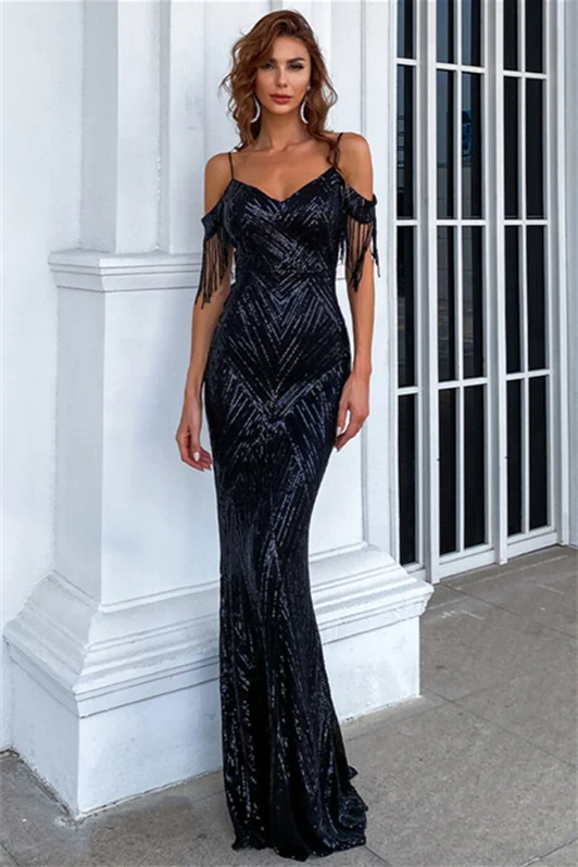 Luluslly Spaghetti-Straps Mermaid Evening Dress Sequins Long With Tassels YE0148