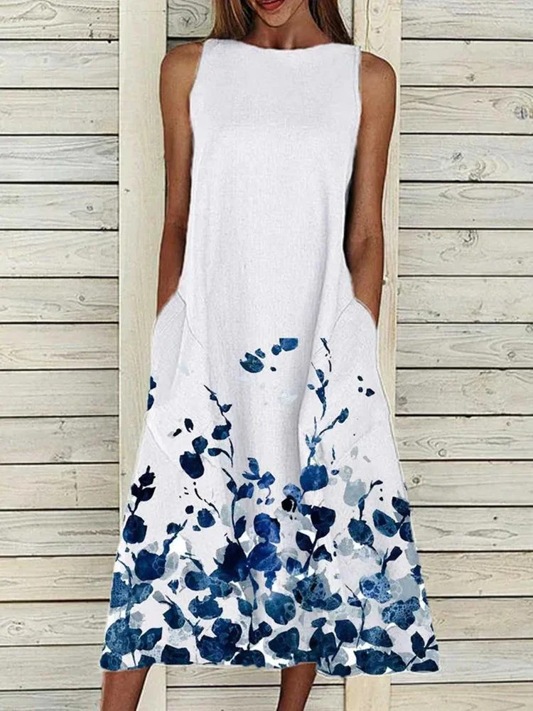 Women's Sleeveless Scoop Neck Floral Printed Midi Dress With Pockets