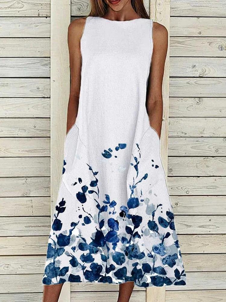 Women's Sleeveless Scoop Neck Floral Printed Midi Dress With Pockets