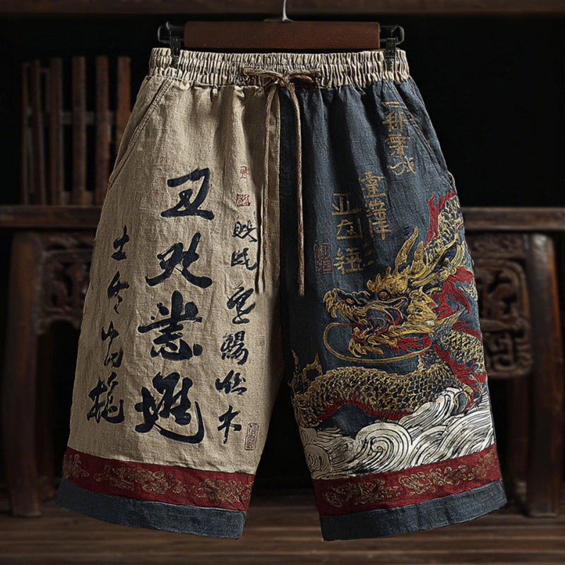Men's Japanese-style Linen Shorts With Dragon And Calligraphy Patterns  artssus