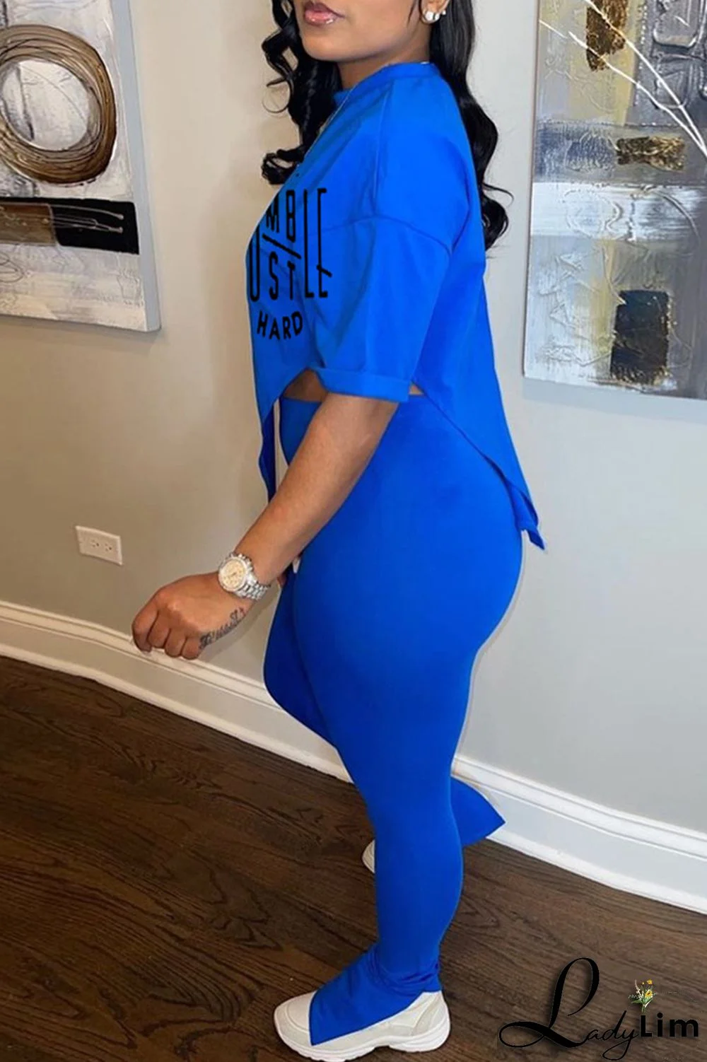 Pink Fashion Casual Print Slit Asymmetrical O Neck Short Sleeve Two Pieces