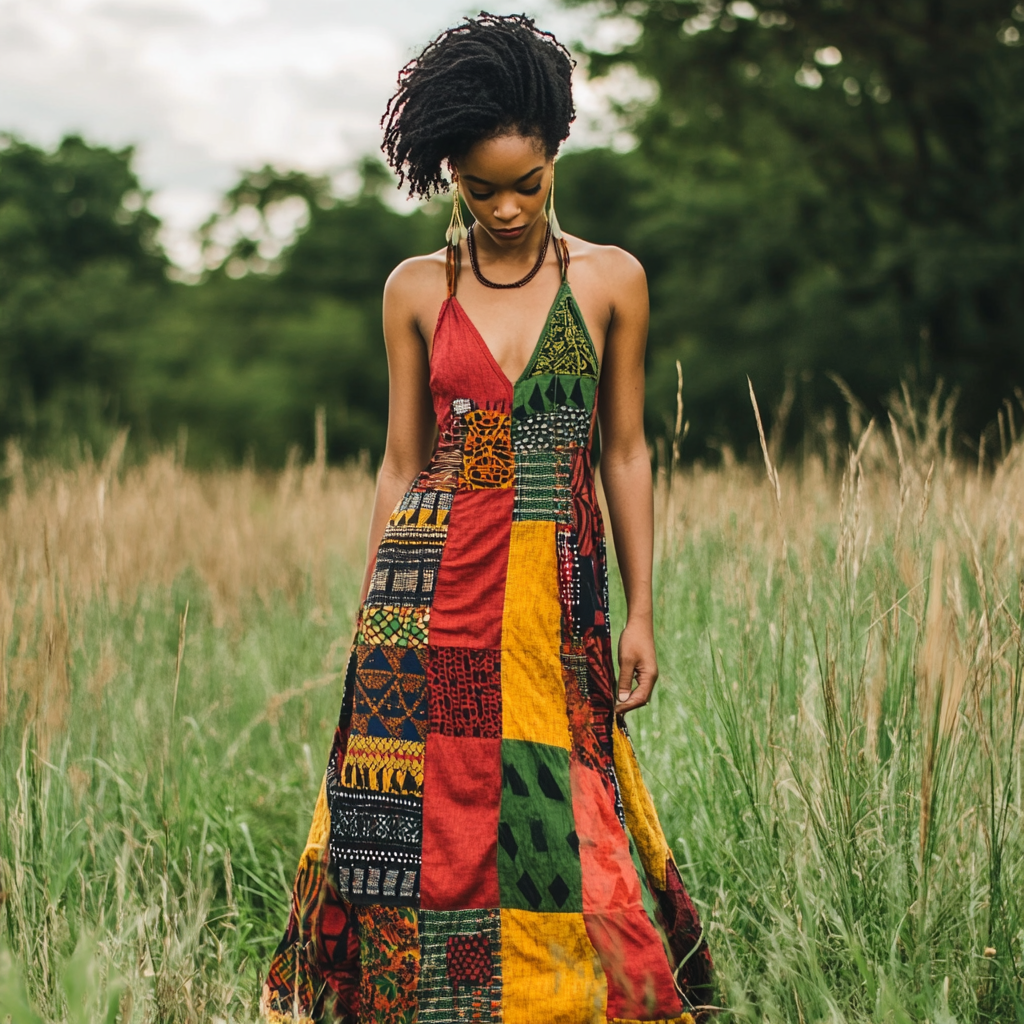 Women's African Colorful Patchwork Art Linen Slip Dress