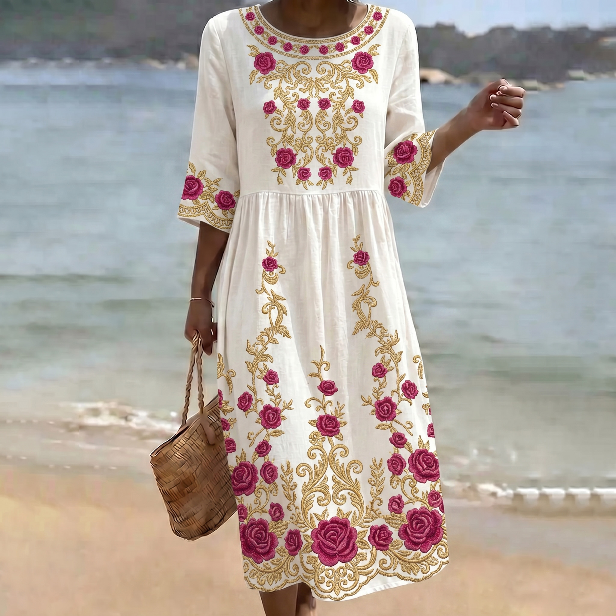 Comstylish Women's Vintage Flower Print Crew Neck Linen Blend Midi Dress