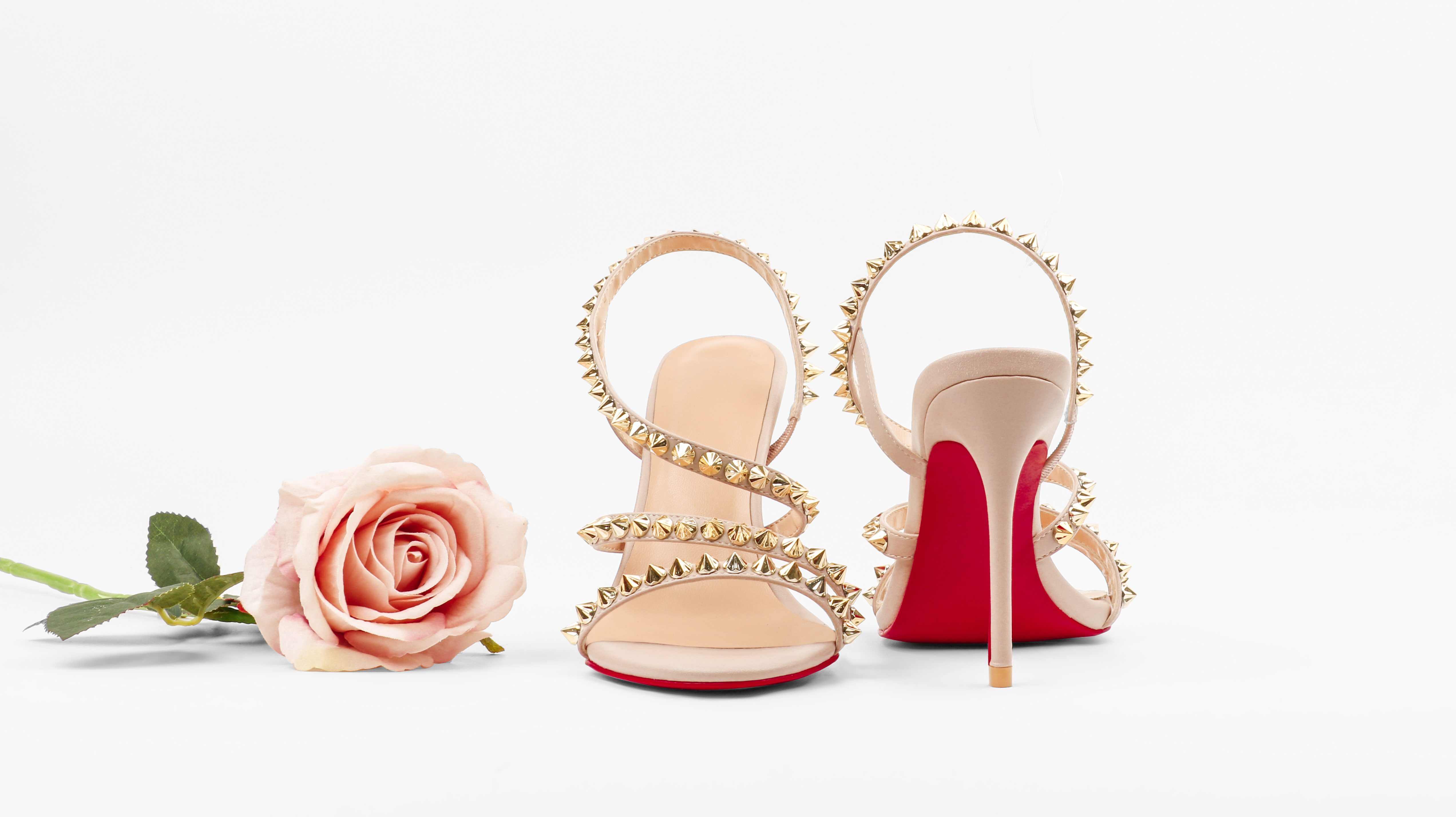 3.94'' Women Slingback Open Toe Rivets Sandals Ankle Buckle High Heel Summer Red Bottoms Nude Shoes-MERUMOTE